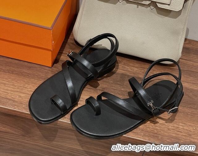 Shop Duplicate Hermes Leather Strap Sandals with H Black 711088