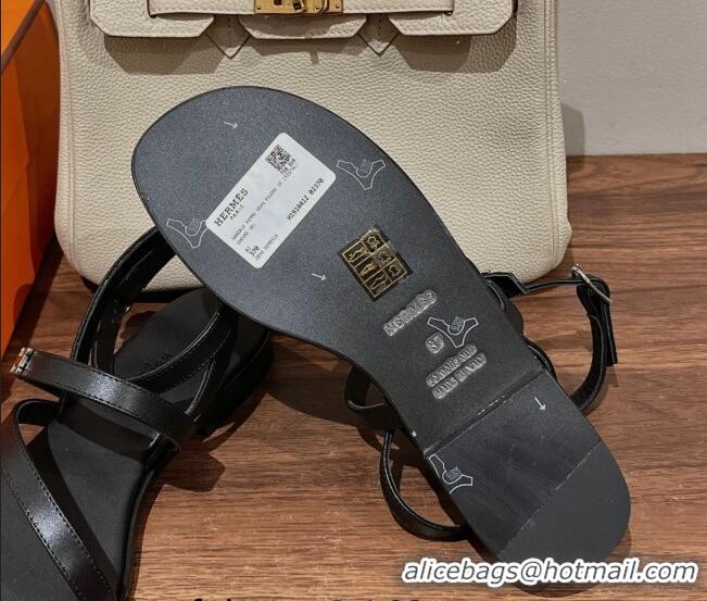 Shop Duplicate Hermes Leather Strap Sandals with H Black 711088