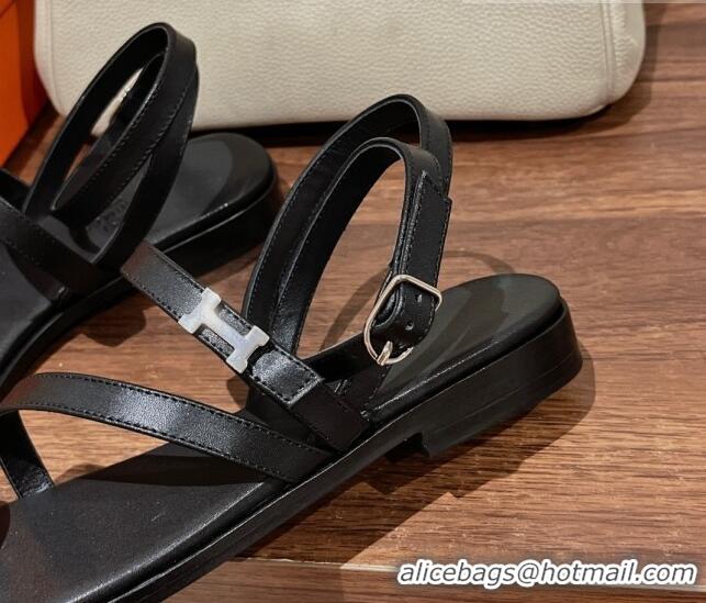 Shop Duplicate Hermes Leather Strap Sandals with H Black 711088