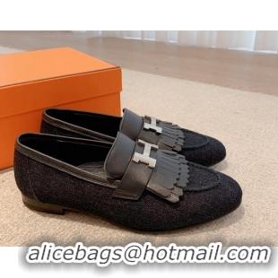 Charming Hermes Royal Loafers in Denim and Leather Dark Blue 711093