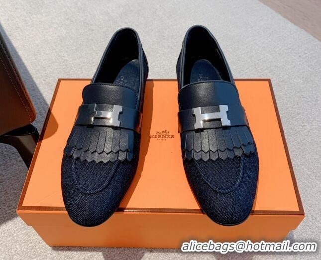 Charming Hermes Royal Loafers in Denim and Leather Dark Blue 711093