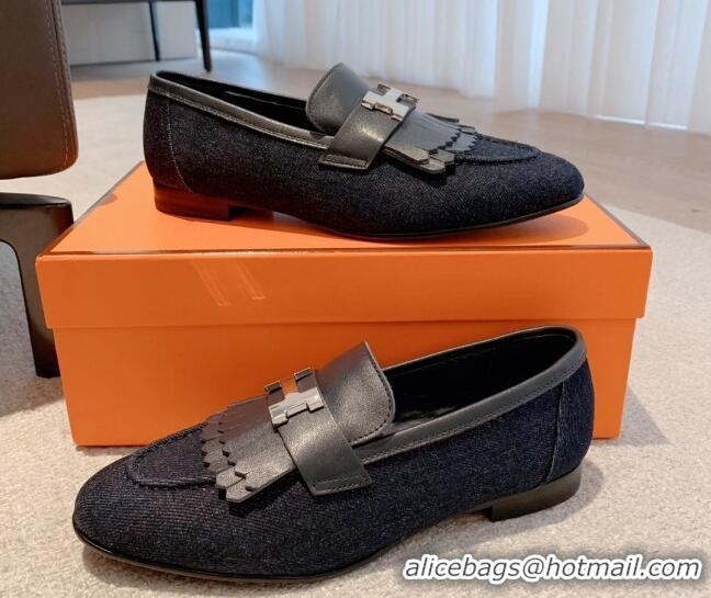 Charming Hermes Royal Loafers in Denim and Leather Dark Blue 711093