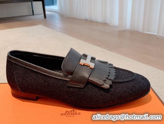 Charming Hermes Royal Loafers in Denim and Leather Dark Blue 711093