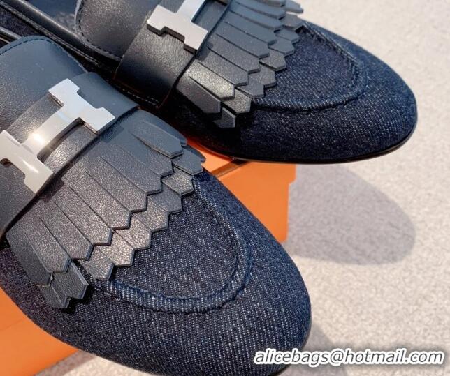 Charming Hermes Royal Loafers in Denim and Leather Dark Blue 711093