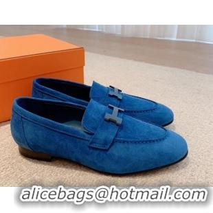 Luxury Discount Hermes Royal Loafers in Denim and Leather Blue 711094