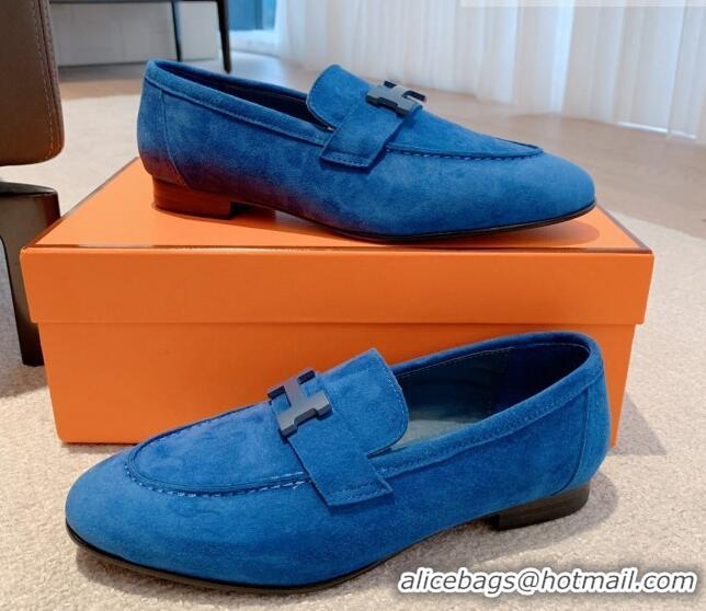 Luxury Discount Hermes Royal Loafers in Denim and Leather Blue 711094