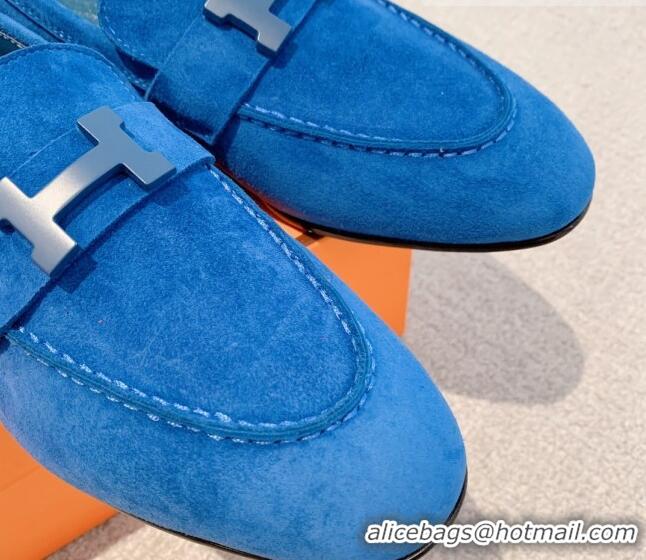 Luxury Discount Hermes Royal Loafers in Denim and Leather Blue 711094