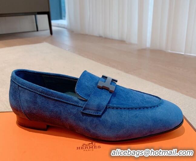 Luxury Discount Hermes Royal Loafers in Denim and Leather Blue 711094