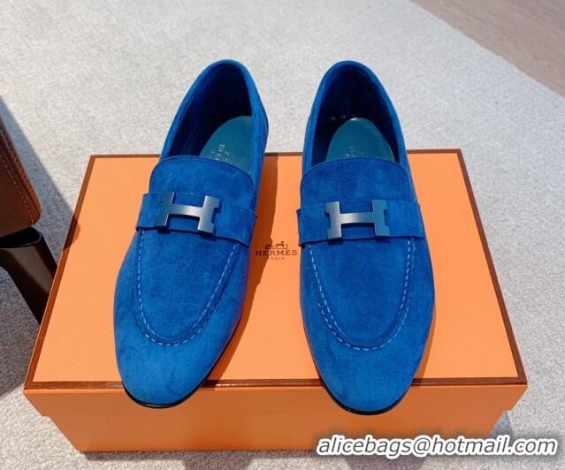 Luxury Discount Hermes Royal Loafers in Denim and Leather Blue 711094