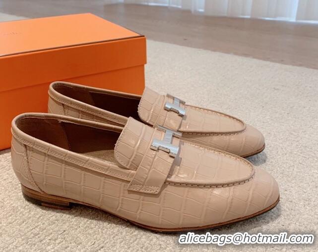 Stylish Hermes Paris Embossed Leather Loafers Beige 711096