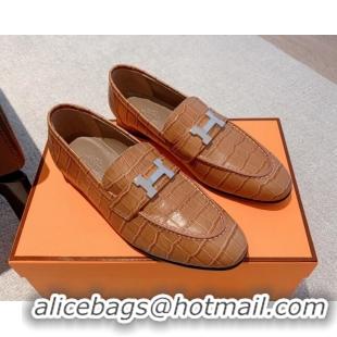 Luxury Cheap Hermes Paris Embossed Leather Loafers Brown 711097