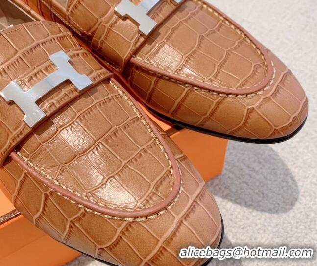 Luxury Cheap Hermes Paris Embossed Leather Loafers Brown 711097