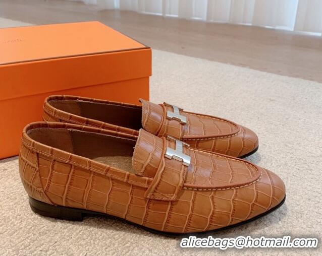 Luxury Cheap Hermes Paris Embossed Leather Loafers Brown 711097