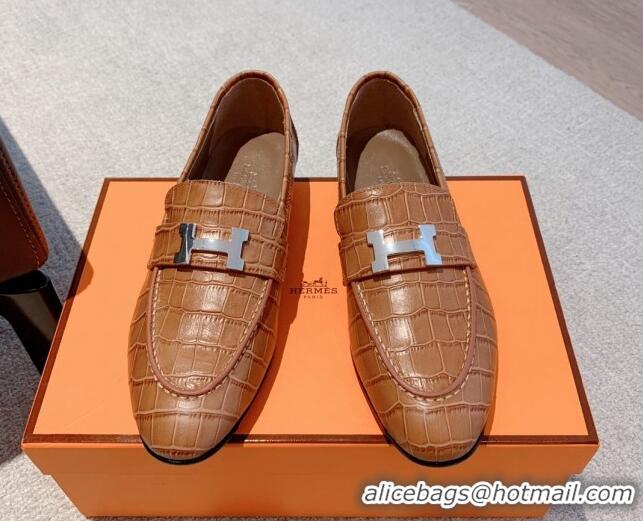 Luxury Cheap Hermes Paris Embossed Leather Loafers Brown 711097