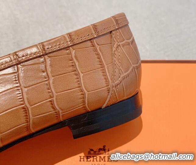 Luxury Cheap Hermes Paris Embossed Leather Loafers Brown 711097