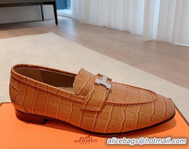 Luxury Cheap Hermes Paris Embossed Leather Loafers Brown 711097