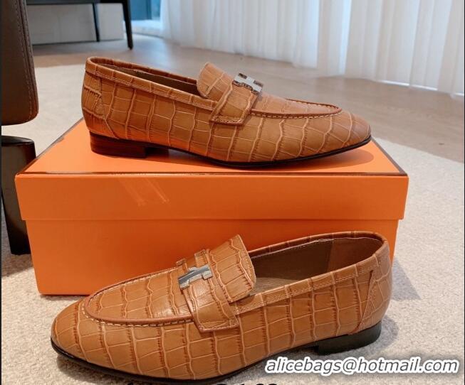 Luxury Cheap Hermes Paris Embossed Leather Loafers Brown 711097