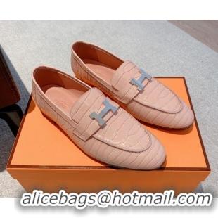 Stylish Hermes Paris Embossed Leather Loafers Light Pink 711098