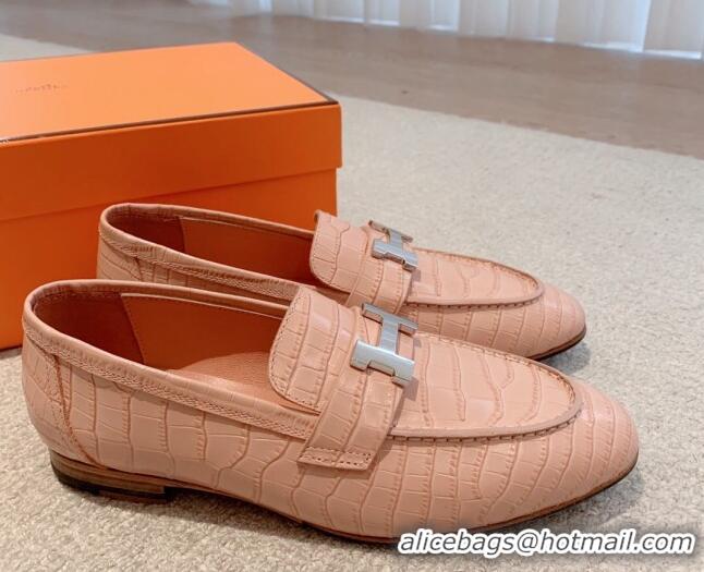 Stylish Hermes Paris Embossed Leather Loafers Light Pink 711098