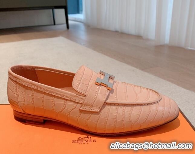 Stylish Hermes Paris Embossed Leather Loafers Light Pink 711098