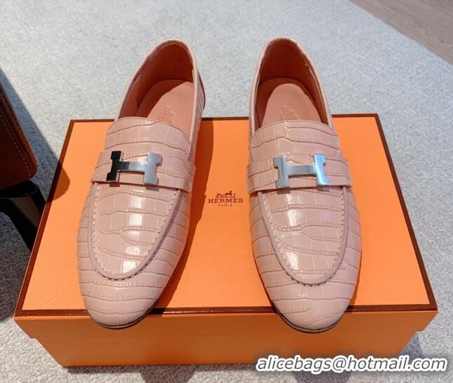 Stylish Hermes Paris Embossed Leather Loafers Light Pink 711098