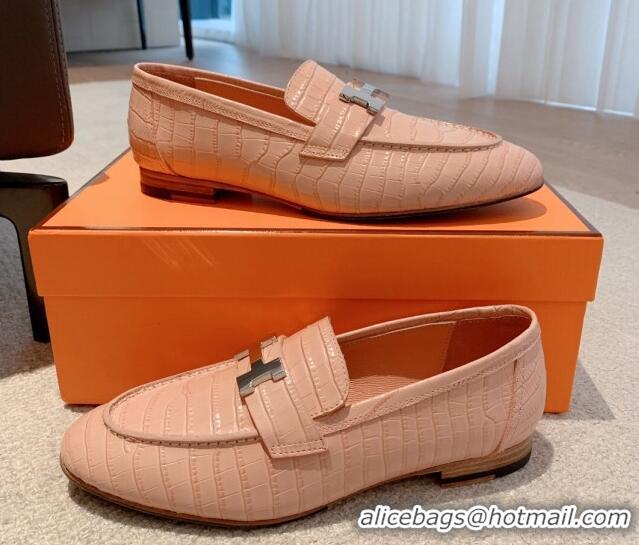 Stylish Hermes Paris Embossed Leather Loafers Light Pink 711098