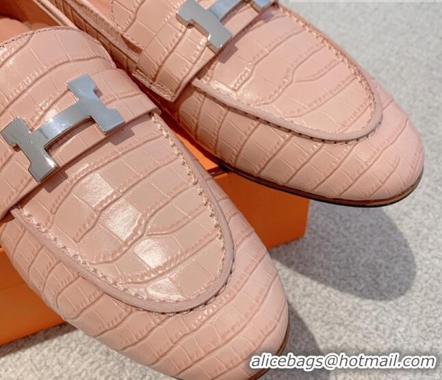 Stylish Hermes Paris Embossed Leather Loafers Light Pink 711098