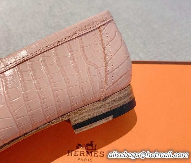 Stylish Hermes Paris Embossed Leather Loafers Light Pink 711098