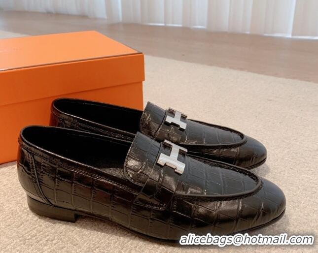 Sophisticated Hermes Paris Embossed Leather Loafers Black 711099