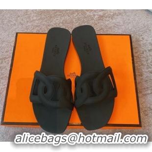 Sumptuous Hermes PVC Flat Slide Sandals Dark Green 711100