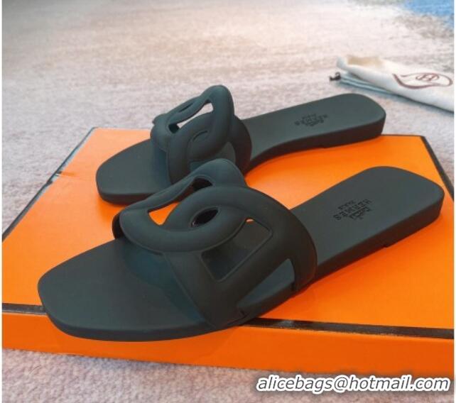 Sumptuous Hermes PVC Flat Slide Sandals Dark Green 711100