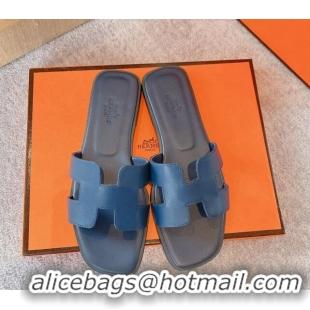 Charming Hermes Classic Oran Flat Slide Sandals in Calf Leather Navy Blue 711104