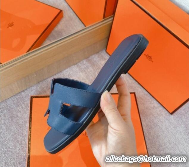 Charming Hermes Classic Oran Flat Slide Sandals in Calf Leather Navy Blue 711104