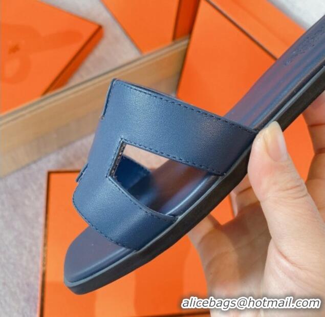 Charming Hermes Classic Oran Flat Slide Sandals in Calf Leather Navy Blue 711104