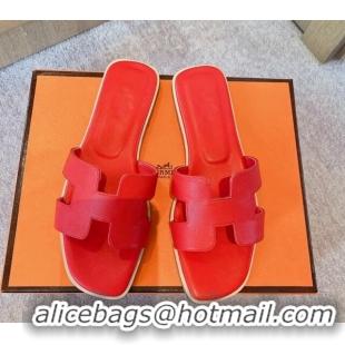 Hot Style Hermes Classic Oran Flat Slide Sandals in Calf Leather Red 711107