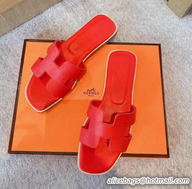 Hot Style Hermes Classic Oran Flat Slide Sandals in Calf Leather Red 711107