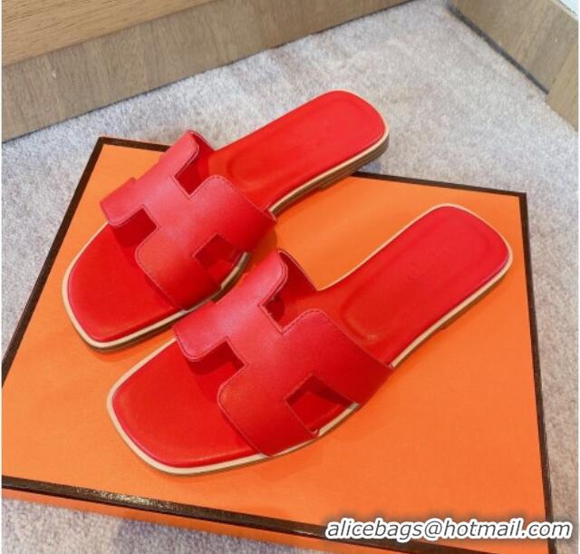 Hot Style Hermes Classic Oran Flat Slide Sandals in Calf Leather Red 711107