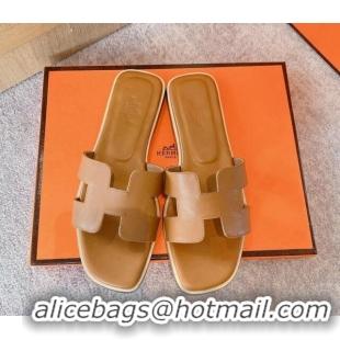 Trendy Design Hermes Classic Oran Flat Slide Sandals in Calf Leather Brown 711108