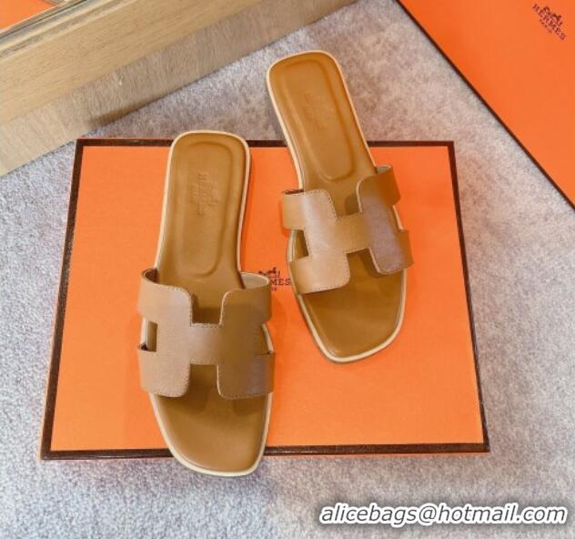 Trendy Design Hermes Classic Oran Flat Slide Sandals in Calf Leather Brown 711108