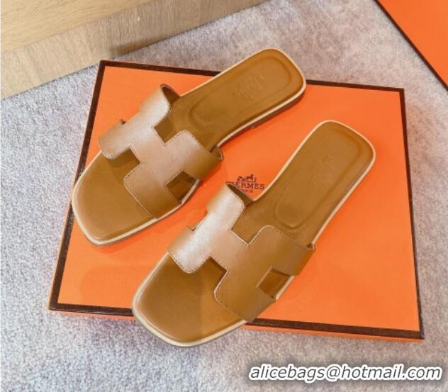 Trendy Design Hermes Classic Oran Flat Slide Sandals in Calf Leather Brown 711108