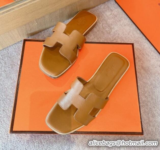 Trendy Design Hermes Classic Oran Flat Slide Sandals in Calf Leather Brown 711108