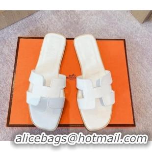 Good Quality Hermes Classic Oran Flat Slide Sandals in Calf Leather White 711109 