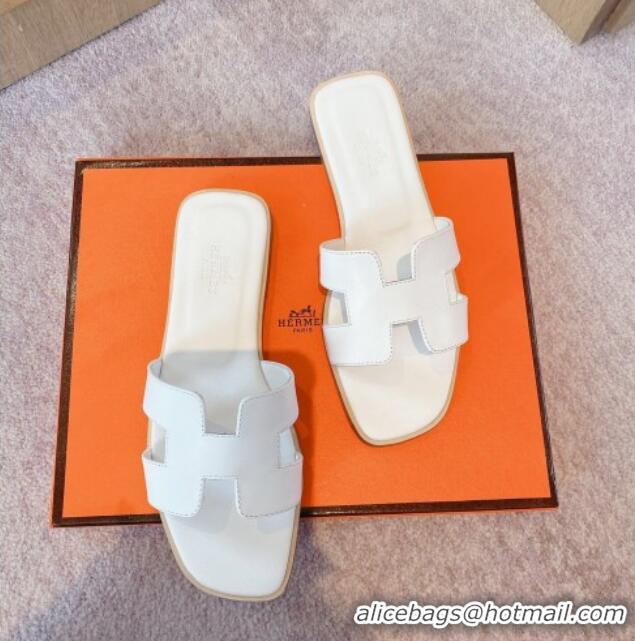 Good Quality Hermes Classic Oran Flat Slide Sandals in Calf Leather White 711109 