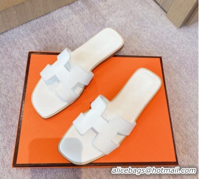 Good Quality Hermes Classic Oran Flat Slide Sandals in Calf Leather White 711109 