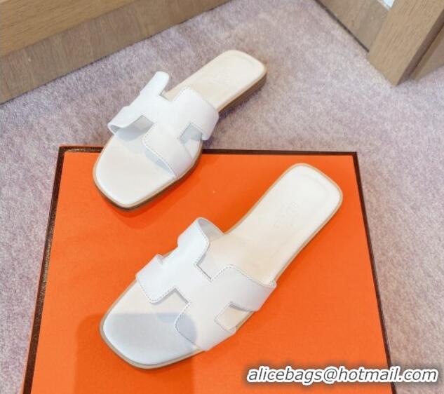 Good Quality Hermes Classic Oran Flat Slide Sandals in Calf Leather White 711109 