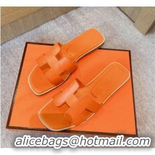 Best Price Hermes Classic Oran Flat Slide Sandals in Calf Leather Orange 711110