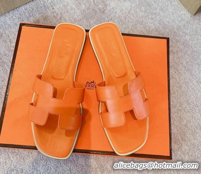 Best Price Hermes Classic Oran Flat Slide Sandals in Calf Leather Orange 711110