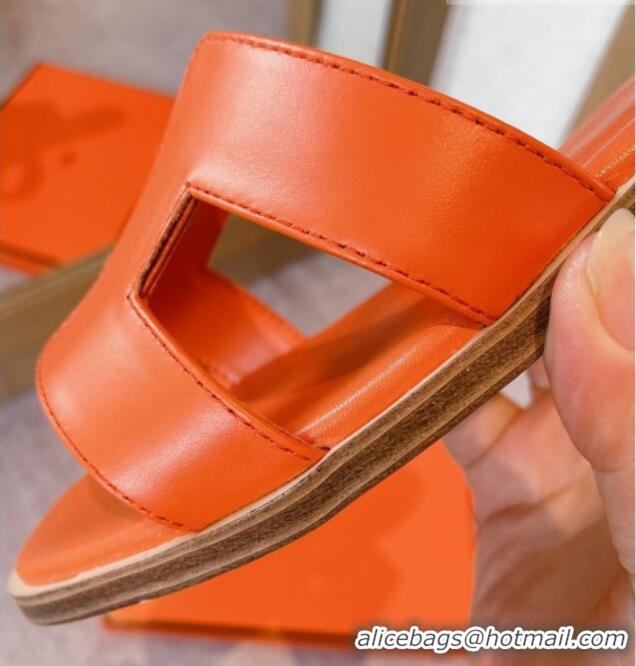 Best Price Hermes Classic Oran Flat Slide Sandals in Calf Leather Orange 711110