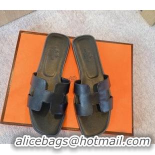 Shop Duplicate Hermes Classic Oran Flat Slide Sandals in Calf Leather Black 711111