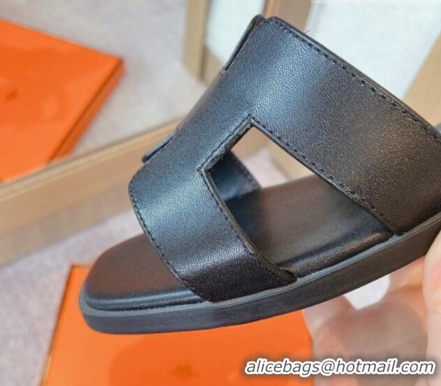 Shop Duplicate Hermes Classic Oran Flat Slide Sandals in Calf Leather Black 711111